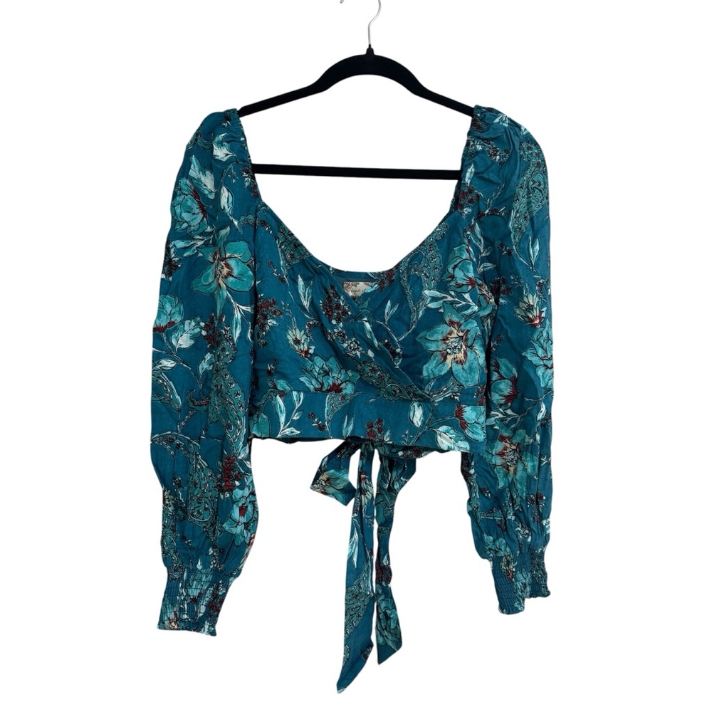 Band of The Free Womens Long Sleeve V-Neck Deep Teal Cropped Floral Top Sz S NWT